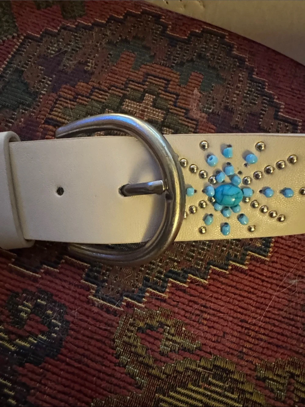 NWOT Cream Leather Belt with Turquoise Crystal Accent